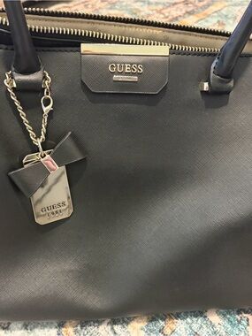 GUESS Black Saffiano Tote with Bow Charm